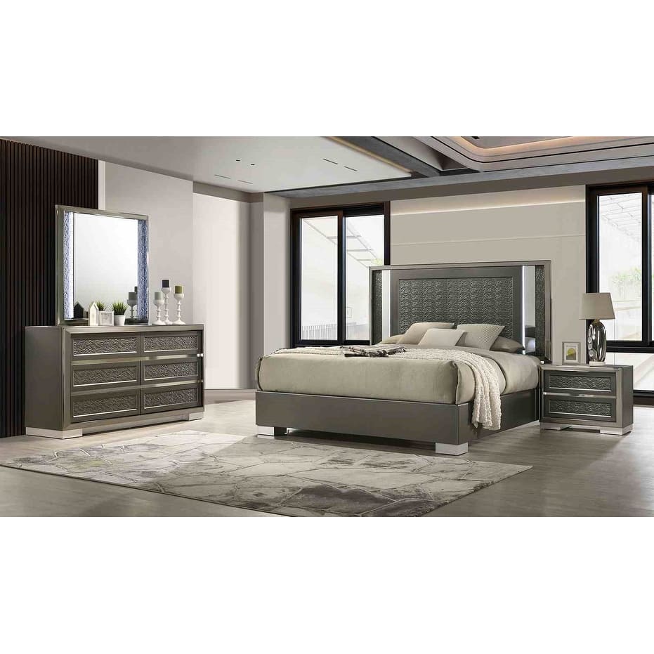Modern Dark Gray LED 4Pc Bedroom Furniture Set Bed Dresser Mirror Nightstand