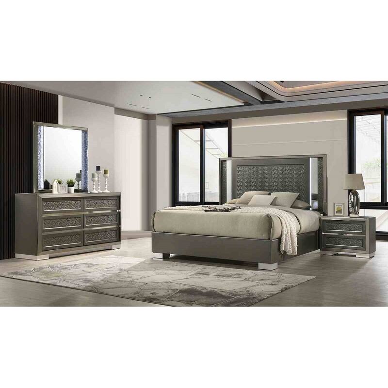 Modern Dark Gray LED 4Pc Bedroom Furniture Set Bed Dresser Mirror Nightstand