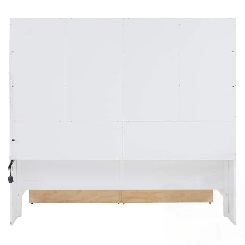 Wooden Daybed with Glass-Door Storage Cabinets Built-in LED Lighting and Shelves