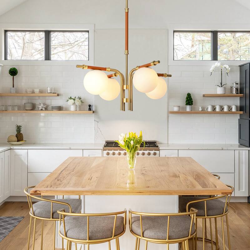4-Light Mid-Century Modern Gold Linear Sputnik Chandelier with Opal Glass Globe Shades for Living Room, Dining Room, Bedroom