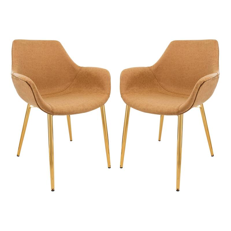 Markley Modern Leather Dining Armchair Set of 2 With Gold Metal Legs Accent Side Chair - Light Brown - Set of 2 - 24.5"Dx25.2"Wx33"H