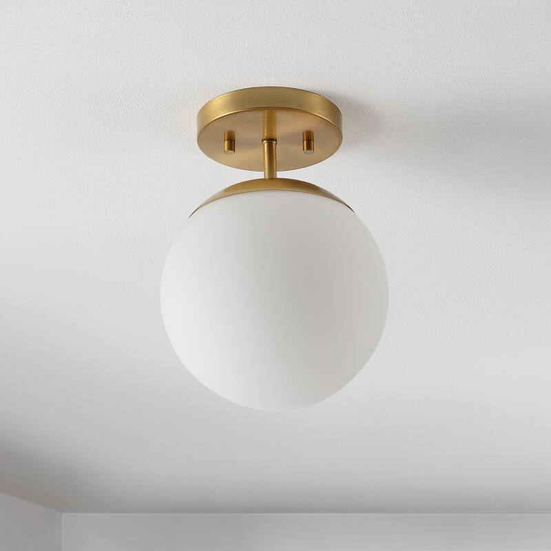 Galax Bistro 7.75" 1-Light Bohemian Farmhouse Iron/Frosted Glass LED Semi Flush Mount, Brass Gold/White by JONATHAN Y
