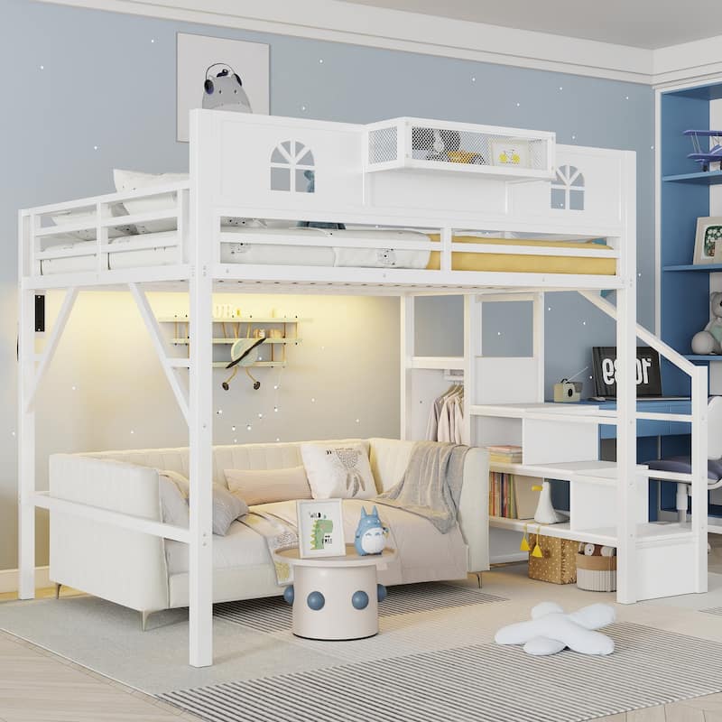 Full / Queen Size Loft Bed with Stairs, House Shaped Guardrails, and Wardrobe Storage