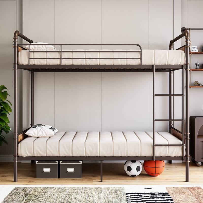 Heavy Duty Twin Size Convertible Bunk Bed with Guardrail & Ladders