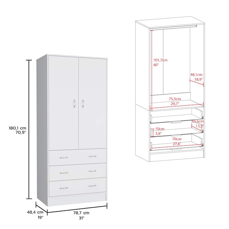 31" Modern Double-door Armoire with Two Drawers and Hanging Rod for Bedroom