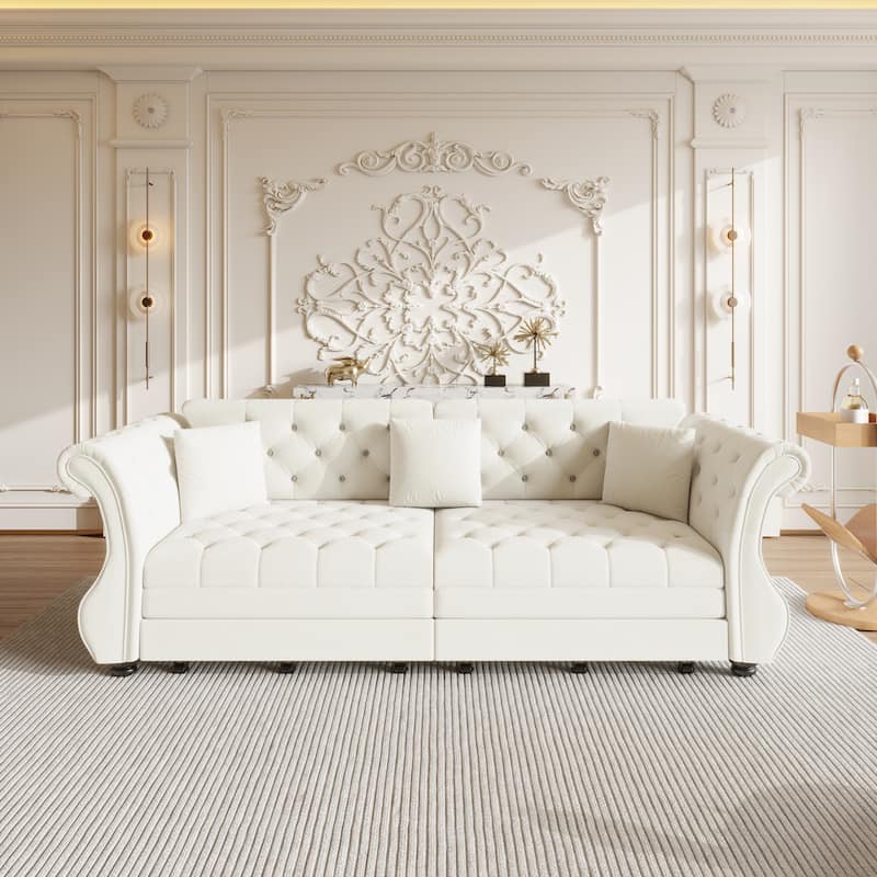 Chesterfield Pull Out Sofa Bed, Oversized 3-Seater/4-Seater Velvet Couch with Flared Arms, Convertible Sleeper Sofa