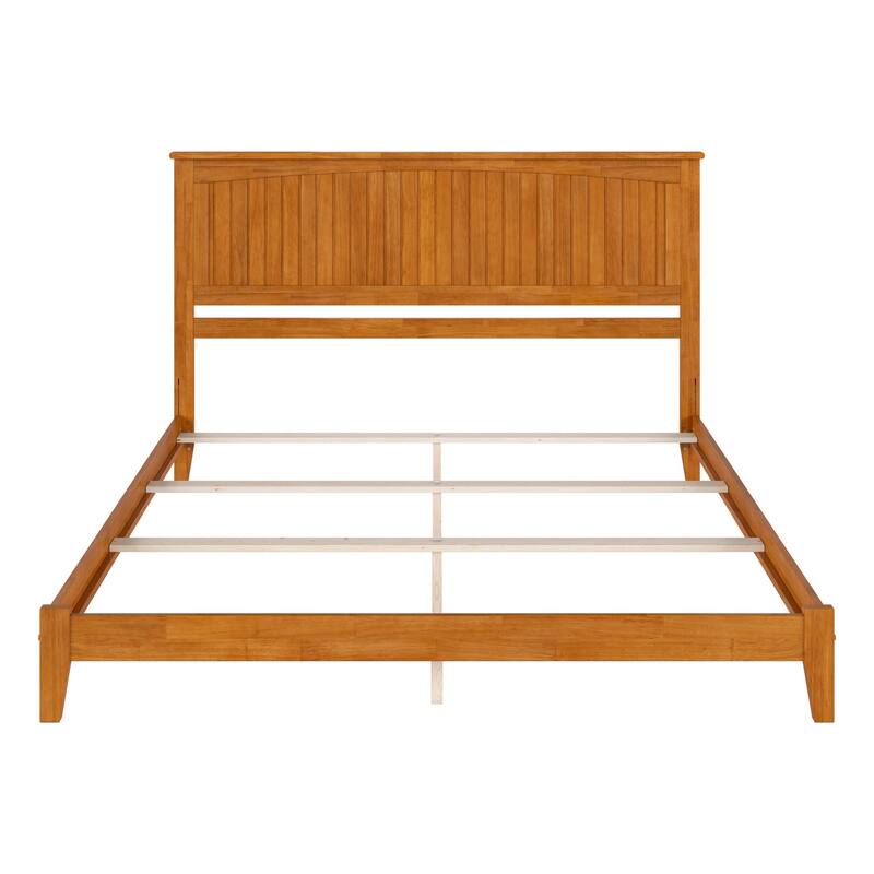 King Bed Frame with Charging Station - Solid Wood Foundation, Grooved Detailing, Light Toffee Finish