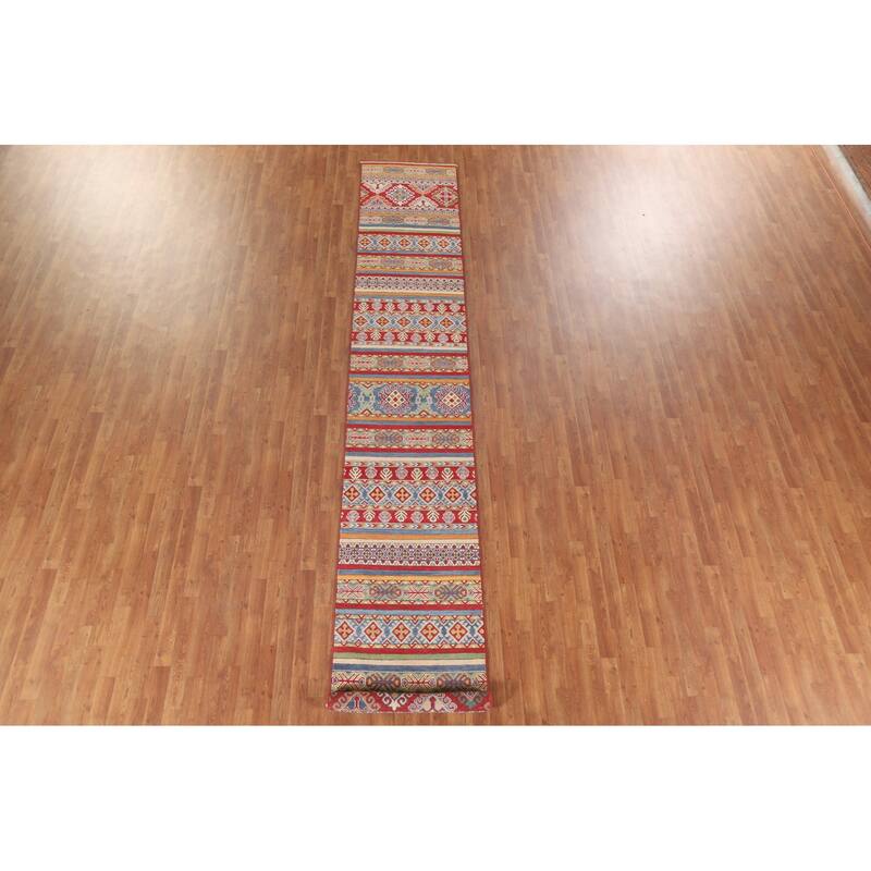 Hand Knotted Oriental 100% Wool Carpet Traditional All-Over Multi-Colored Kazak Runner Rug - 13' 10'' X 2' 6''