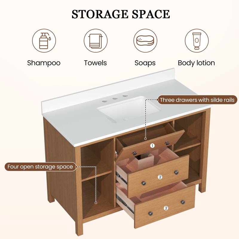 48-Inch Bathroom Vanity with Single Sink - Wood Grain Finish, Space-Saving