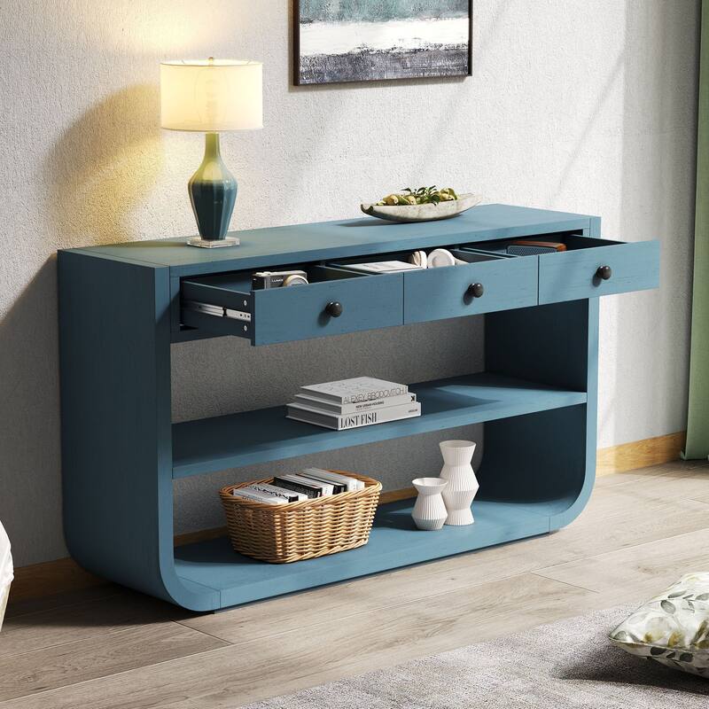 Christopher Knight Home - Modern Entryway Curved Console Table with Soft-Close Drawers & Open Shelves for Living Room, Hallway