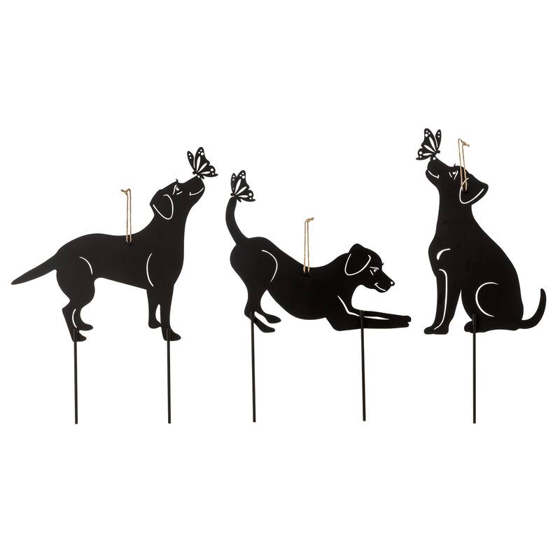 Glitzhome 2-in-1 Black Metal Cat Rabbit Duck Dog Silhouette Yard Stakes Wall Decor (Set of 3)