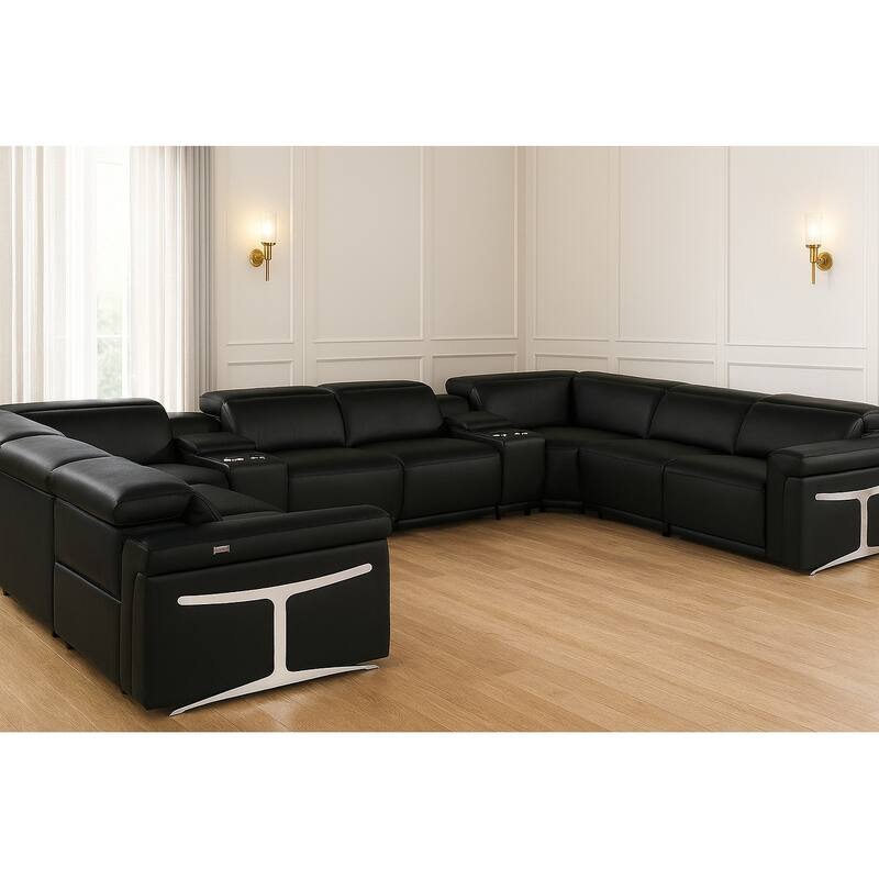 HomeRoots Black Italian Leather Power Reclining U Shaped Ten Piece Corner Sectional With Console - Symmetrical - Black