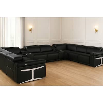 HomeRoots Black Italian Leather Power Reclining U Shaped Ten Piece Corner Sectional With Console