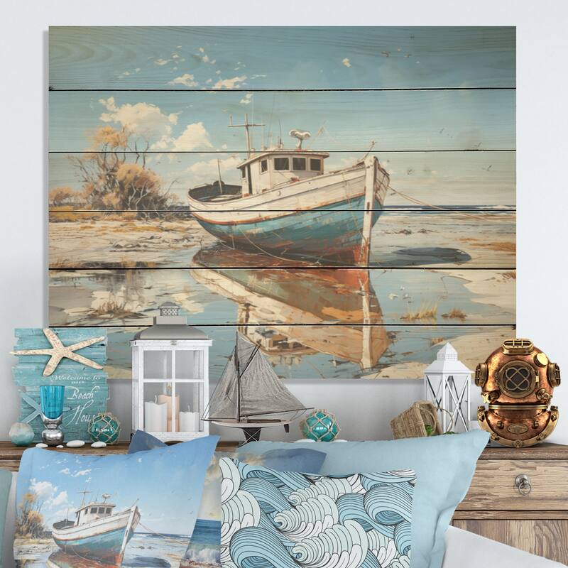 DESIGN ART "Blue And White Boat Scenery" Coastal Boat Wood Wall Art Nautical & Coastal Wood Panel On Natural Pine Wood