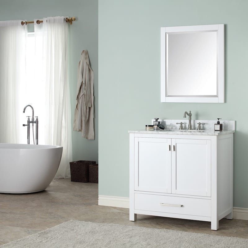 Modero 36 in. Single Sink Bathroom Vanity in White with Carrara Marble Top - 37"W x 22"D x 35"H