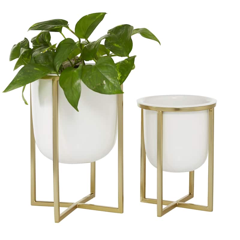 Metal Dome Indoor Outdoor Planter with Gold X-Shaped Stands - Set of 2 White - CosmoLiving by Cosmopolitan - White