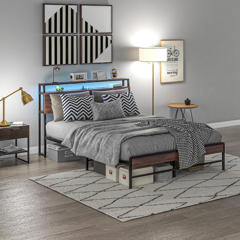 Queen Bed Frame with LED Lights, Charging Station, 3-Tier Storage Shelf, Steel Slats, No Box Spring Needed