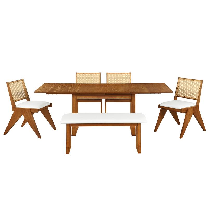 Modern 6-Piece Extendable Dining Table Set with 4 Wicker Upholstered Dining Chairs and Long Bench for Kitchen Living Room