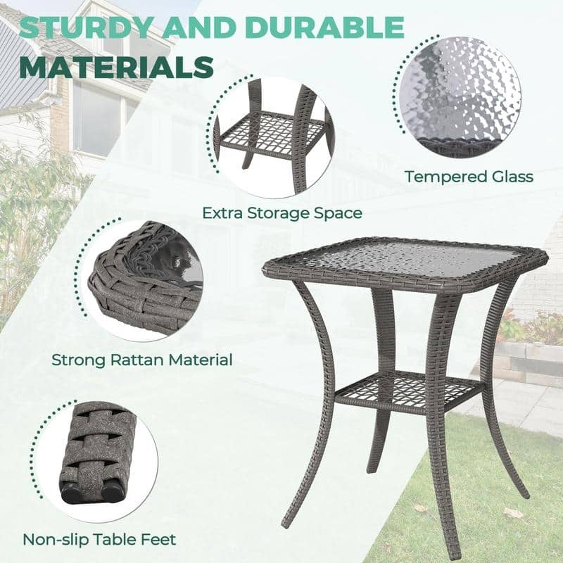 Outdoor Swivel Rocker Bistro Set - 3 Piece Wicker Patio Set with Swivel Rocking Chairs, Cushions, and Tempered Glass Side Table