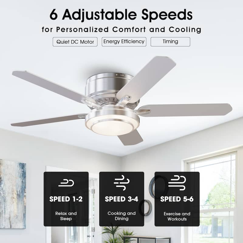 52" Modern Brushed Nickel 5-blade Flush Mount Ceiling Fan with Light and Remote