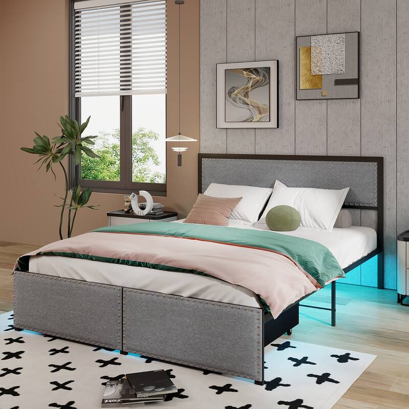 Gymax Queen Size Bed Frame w/ 2 Storage Drawers LED Lights Slats