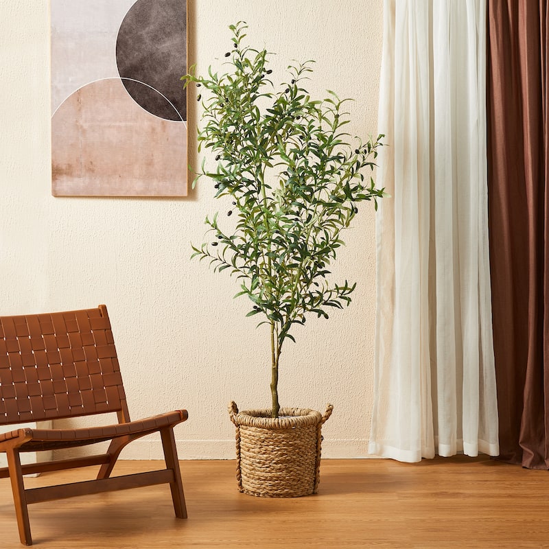 Glitzhome 6ft Faux Olive Tree with Black Pot Real Touch Artificial Plant