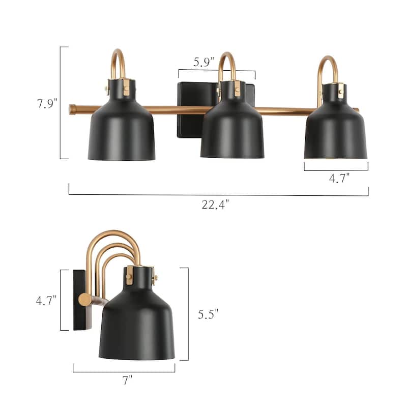 Tarake Modern Farmhouse Brass Black Bathroom Vanity Lights Metal Bell 3-Light Wall Sconces - L 22.4" x D 6.9" x H 7.7"