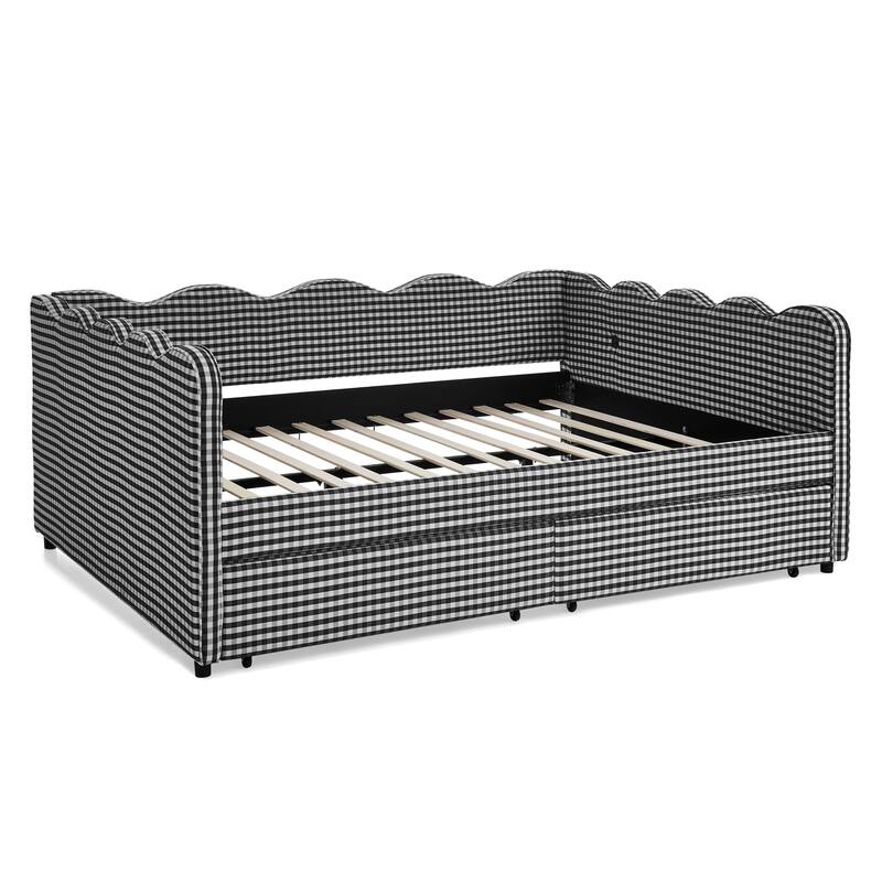 Full/Queen Gingham Daybed with 2 Storage Drawers, USB Port & Wave Shaped Linen Fabric