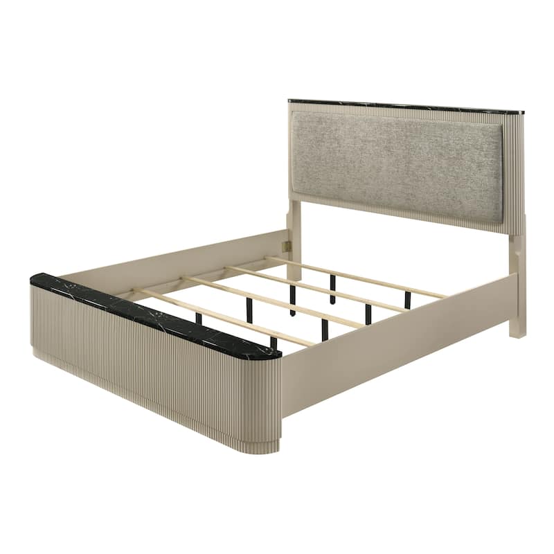 Queen Bed with Linen Headboard, Metal Drawers, and Marble Print Design