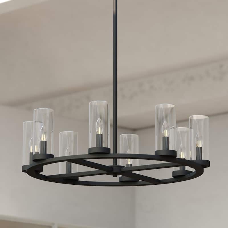 Grantley Wheel Chandelier Light Fixture Clear Glass Shade, LED Compatible, Damp Rated - Matte Black - 30-in W x 17.25-in H x 30-in D