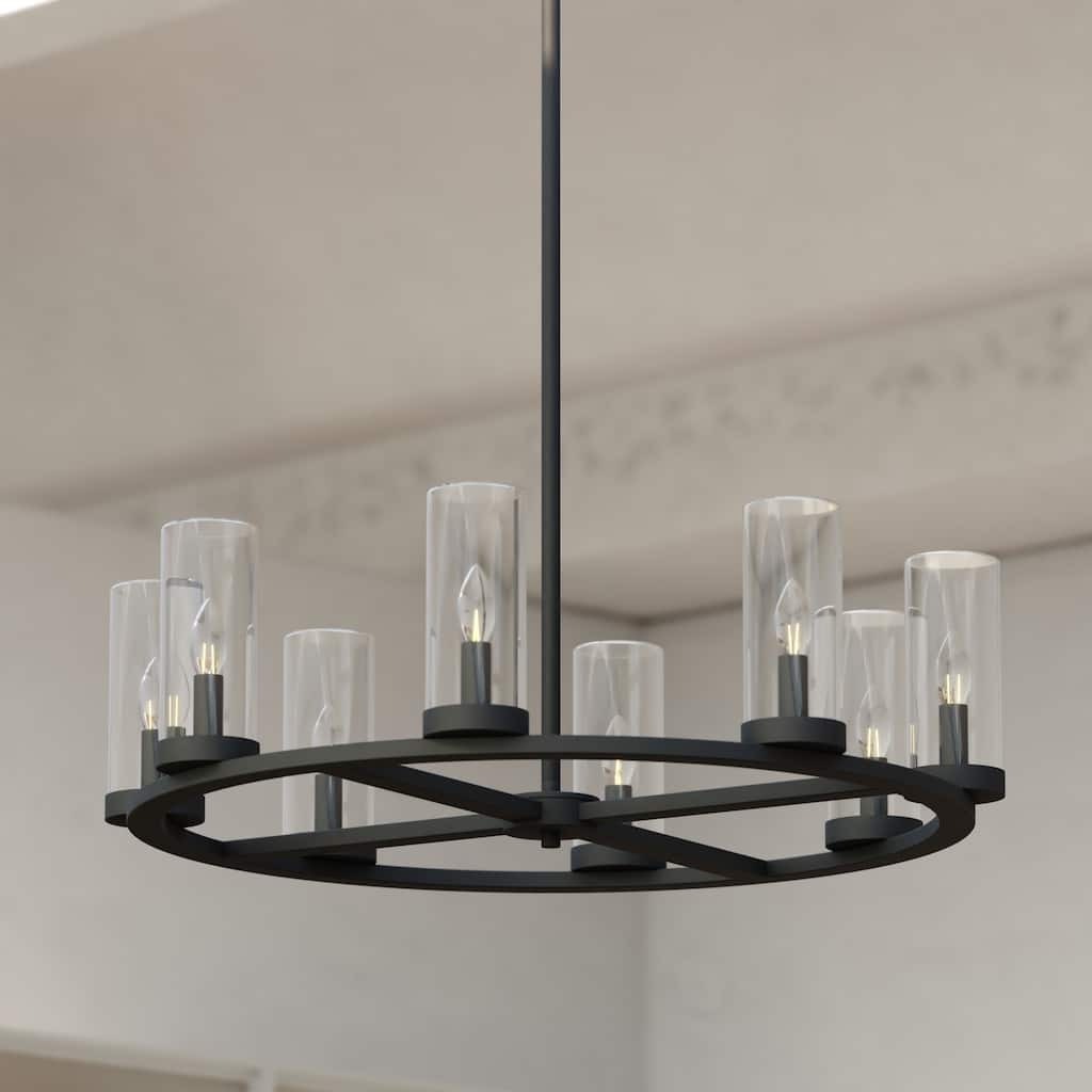 Grantley Wheel Chandelier Light Fixture Clear Glass Shade, LED Compatible, Damp Rated