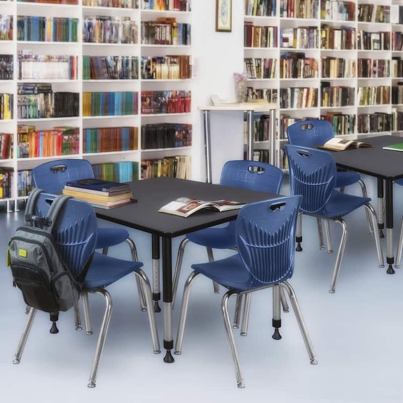48 in. Square Height Adjustable Classroom Table - Grey & 4 18-in Stack Chairs- Navy Blue