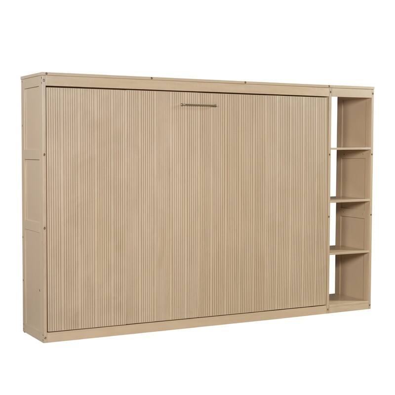 Full Size Murphy Bed with Bookshelf, Foldable Bed Frame with Storage Shelves, Wooden Cabinet Bed with Handle