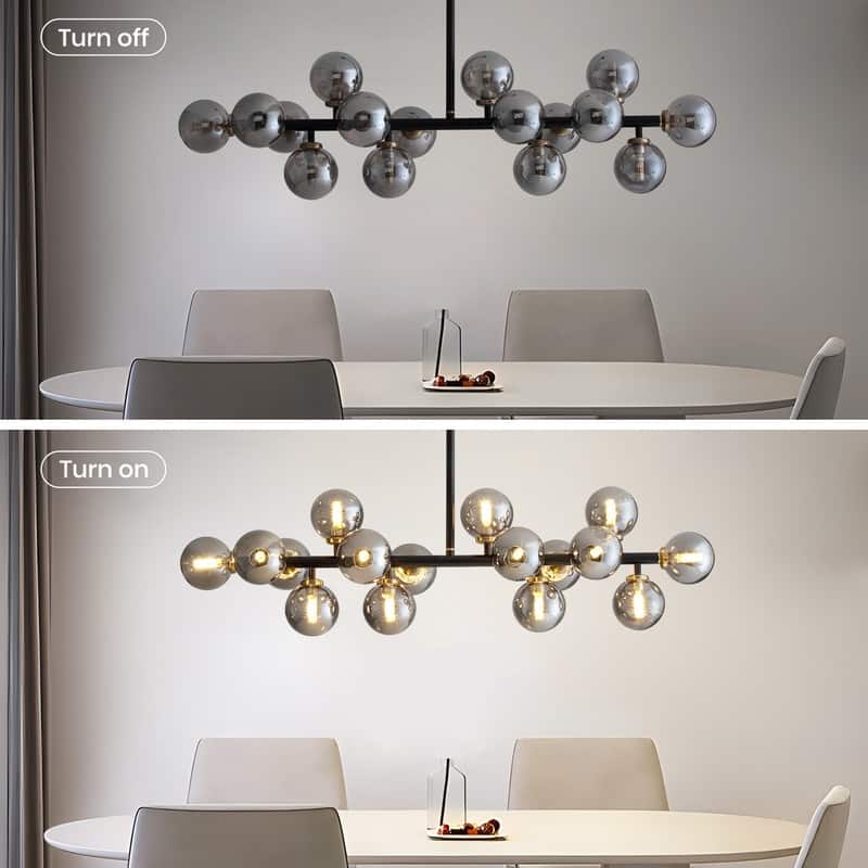 40 in. Black Modern Chandelier 16-Light Sputnik Pendant Light with Smoky Gray Globe Glass Shade for Kitchen Island Dining Table