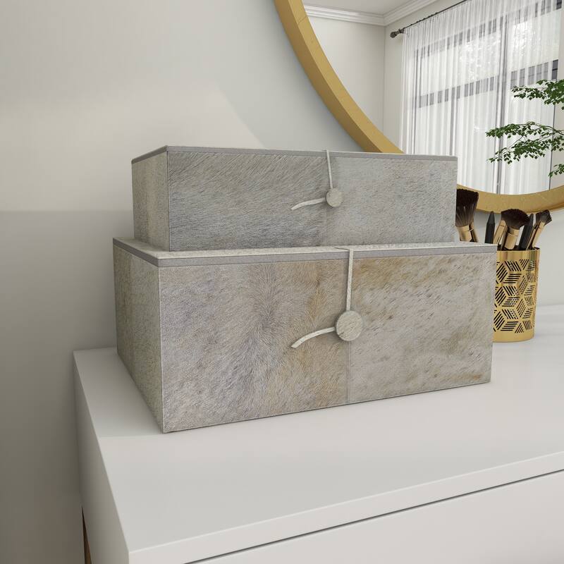 Gray Leather Handmade Box with Hinged Lid (Set of 2) - White or Gold