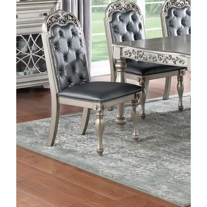 Set of 2 Side Chairs Grey / Silver Finish Rubberwood Dining Room Furniture Intricate Design Cushion Upholstered Seat Tufted Back - Grey
