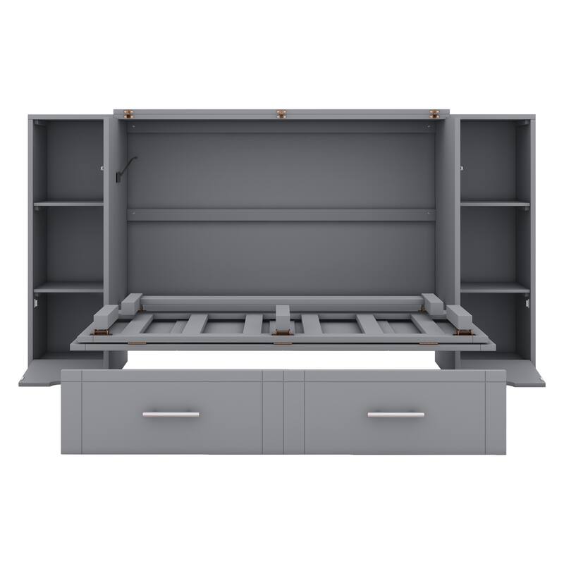Full Size Murphy Bed with Shelves, Drawers, and LED Lighting