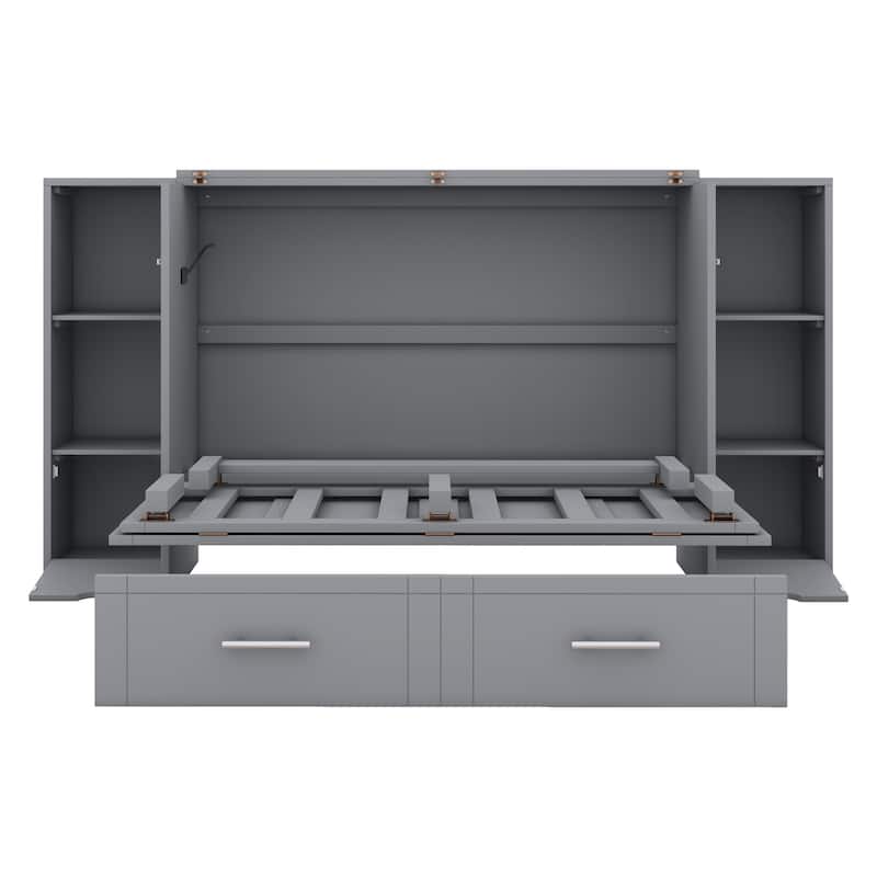 Gray Full Size Murphy Bed with Shelves, Drawers, USB Ports
