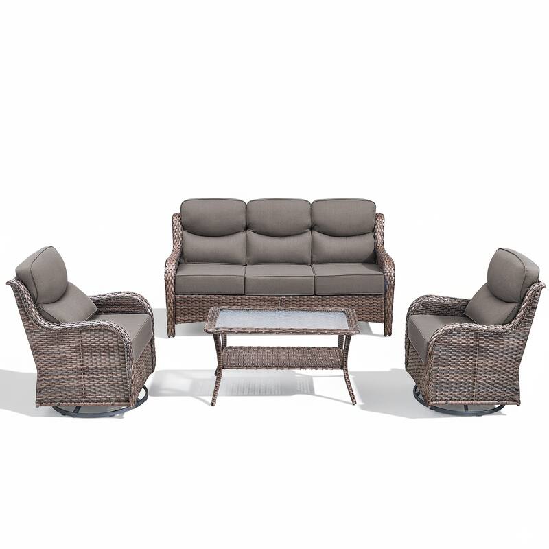 Arcadia 4-Piece Wicker Patio Conversation Set with Swivel Gliders and 6-Inch Thick Olefin Cushions