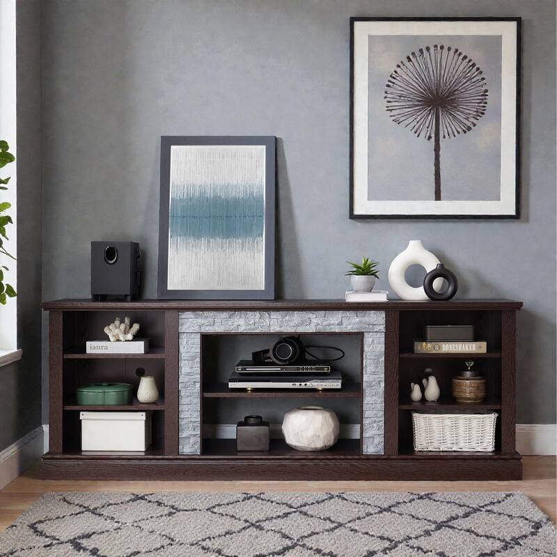 70 Inch TV Stand for TVs up to 75 Inch, Media Console with Faux Stacked Stone Surround, Storage Cabinet & Cable Management