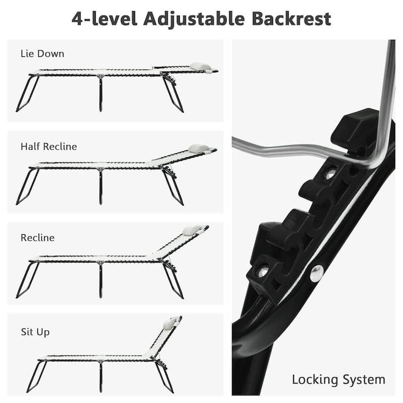 Portable Folding Beach Lounge Chair with Adjustable Height and Pillow for Patio Relaxation - 74.5" x 23" x 15.5" (L x W x H)