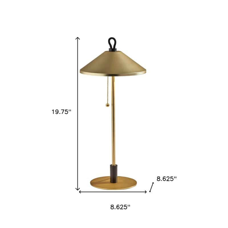 Gold Metal Candlestick LED Table Lamp with Brass Cone Shade Pull Chain - 8.62” x 8.62” x 19.75” (D x W x H)