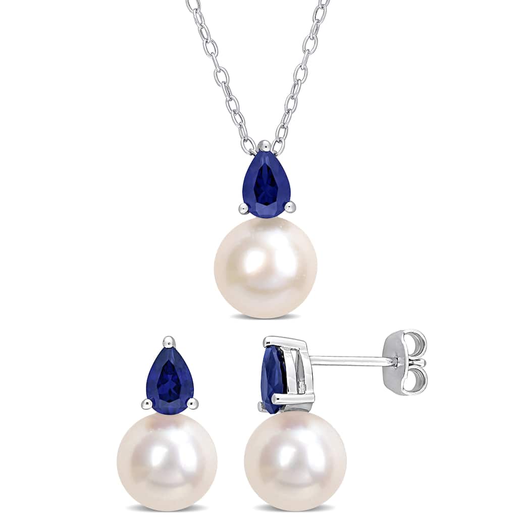 Miadora Cultured Freshwater Pearl 2ct TGW Created Blue Sapphire Jewelry Set Sterling Silver