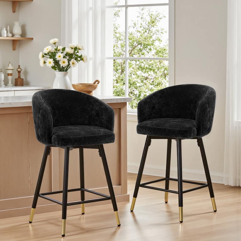 26" Counter Height Swivel Barstool with Arms and Metal Legs - 37"H x 22"W x 22"D - Set of 2 - Black