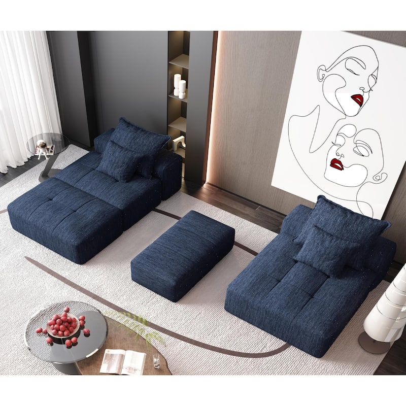Modern Oversized Modular Sectional Sofa in Blue with Sparkling Chenille Fabric and No Assembly