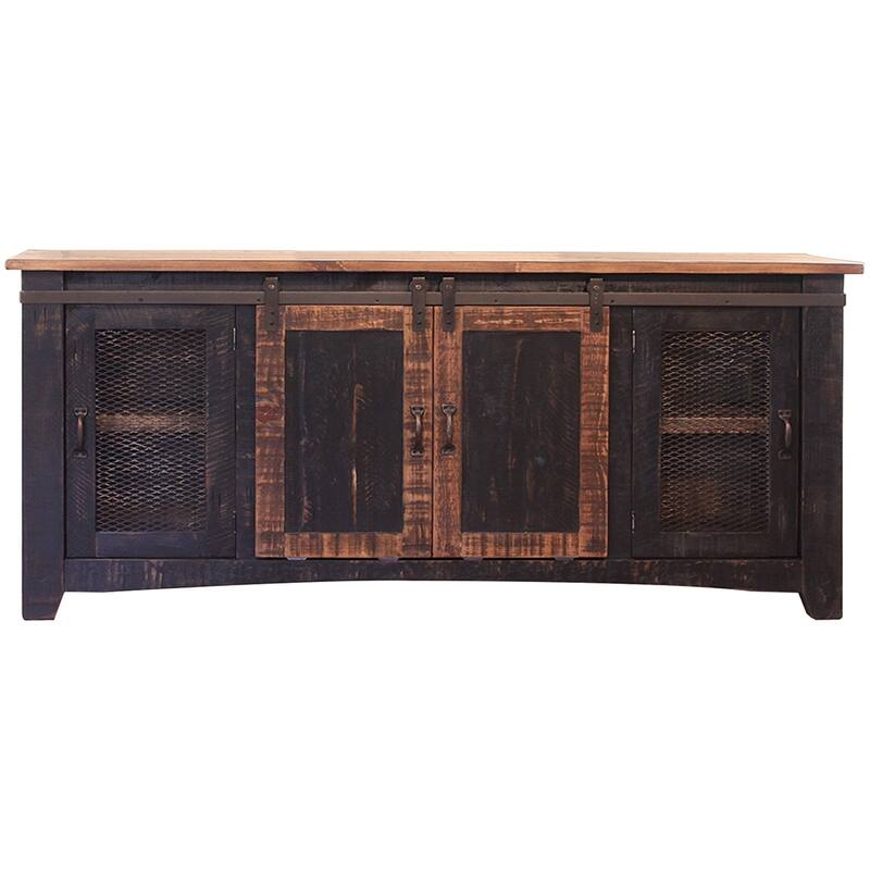 HomeRoots 70" Black Solid Wood Cabinet Enclosed Storage Distressed TV Stand - 70' X '34.75' X '19