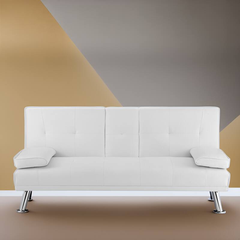 Convertible Futon Sofa Bed with Armrests & Cupholders - Faux Leather Reclining Couch for Small Spaces