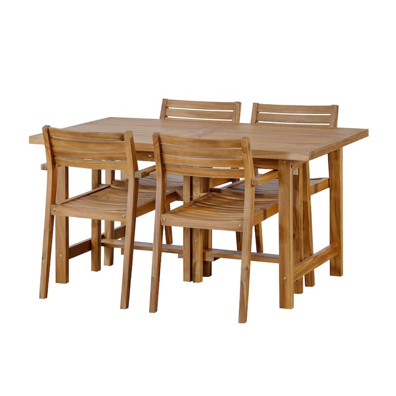 5-Piece Outdoor Acacia Wood Dining Set with Rectangular Table and Umbrella Hole for Family Gatherings