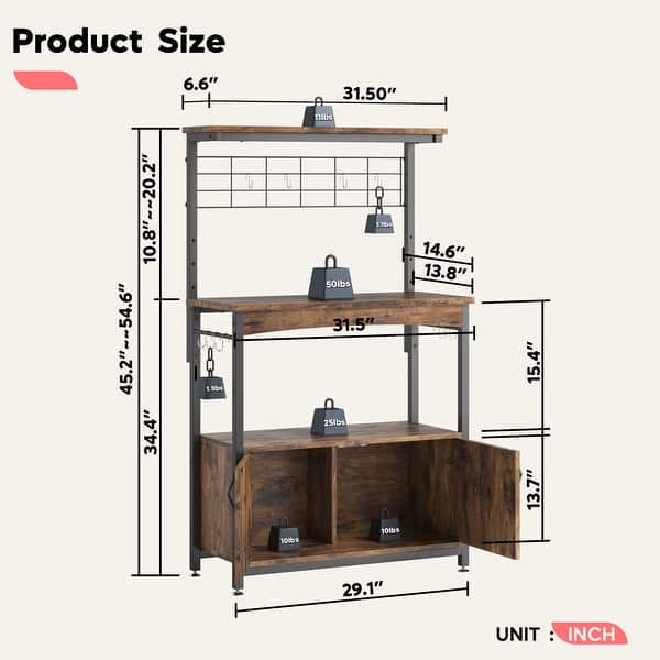 dimension image slide 0 of 3, 31.5" Microwave Stand with Storage Cabinet, Height-Adjustable Bakers Racks for Kitchen