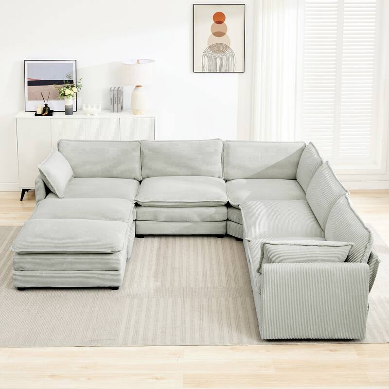 7-Seater Corduroy Sectional Sofa with 2 Removable Ottomans & Corner Seat, Soft & Comfortable - 5 Seats with 2 Ottoman